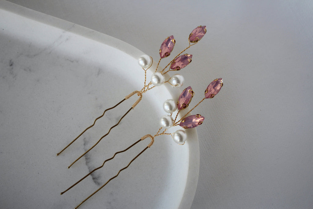 Pink Opal Crystal Hair Pins: Wedding Hair Piece