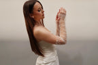 Pearl Fingerless Bridal Gloves, Long Tulle Sheer Sleeve