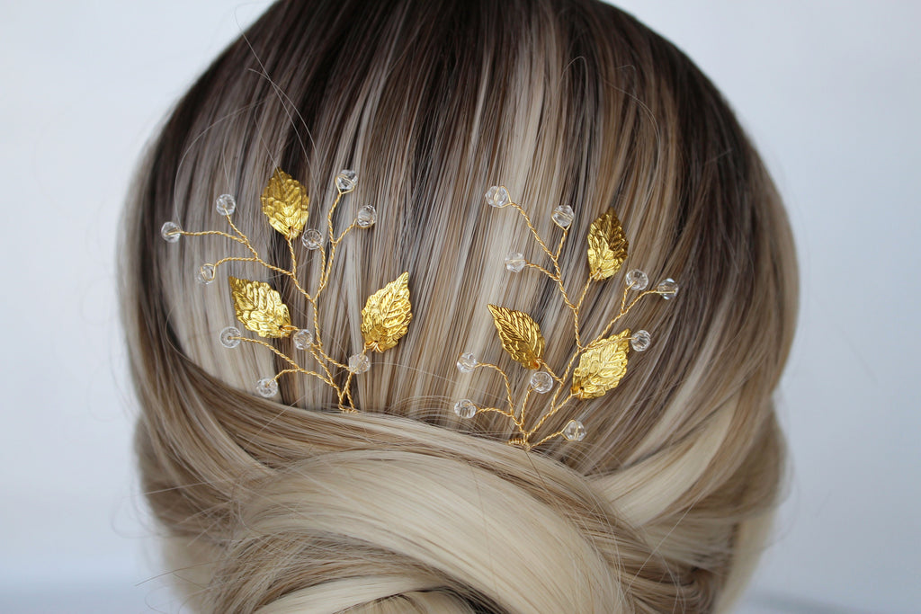 Gold Leaf Wedding Hair Pins: Crystal Bridal Hair Piece Set