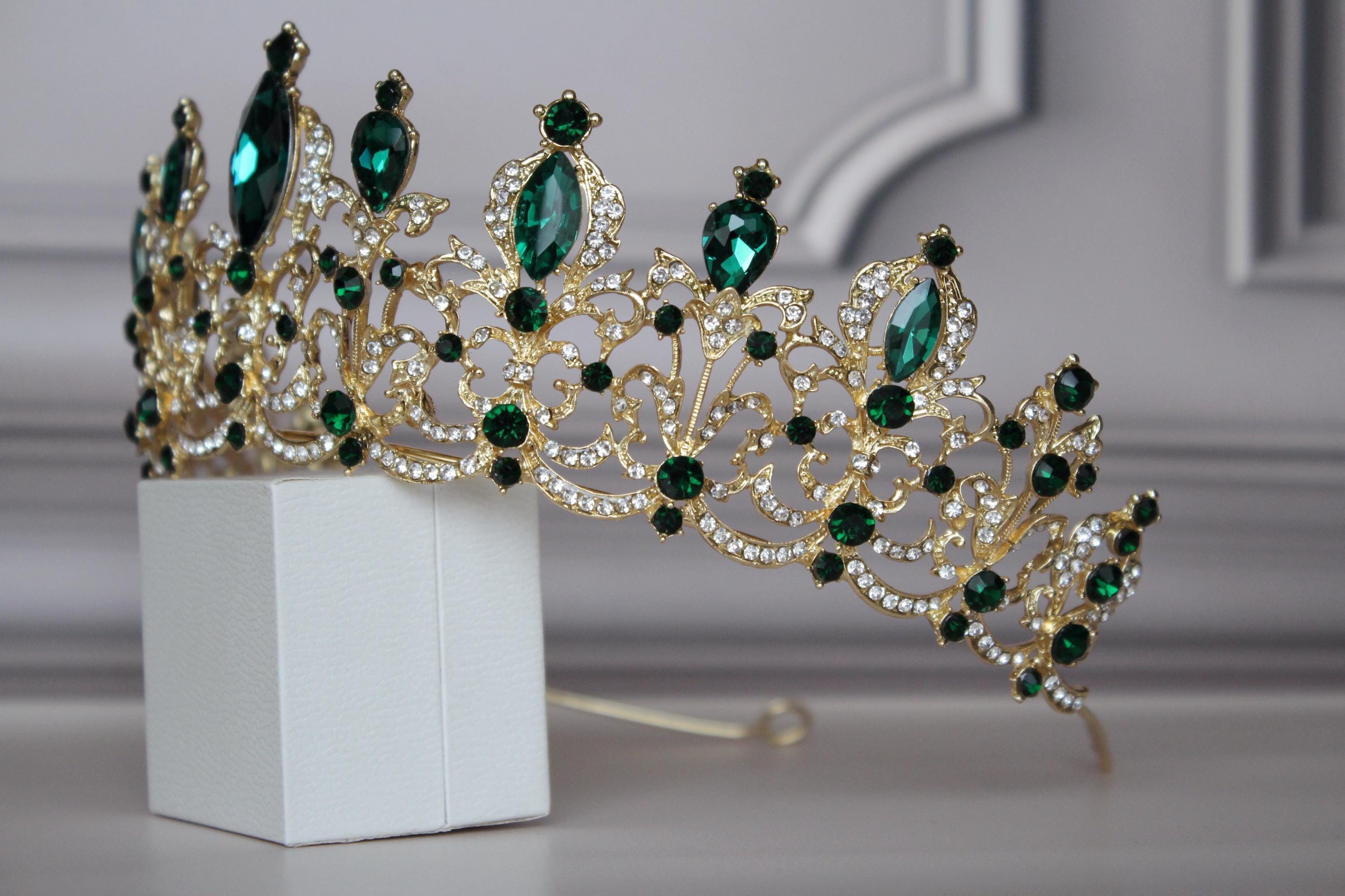 Green and Gold Bridal Tiara, Emerald Wedding Headpiece