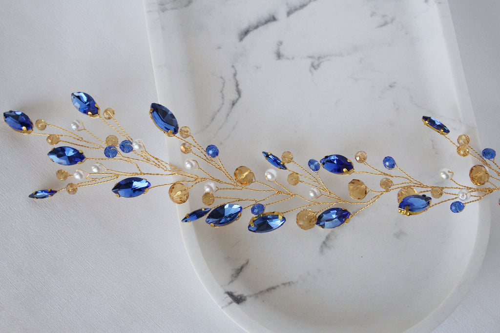 Sapphire Blue Wedding Hair Vine: Gold Bridal Hair Piece