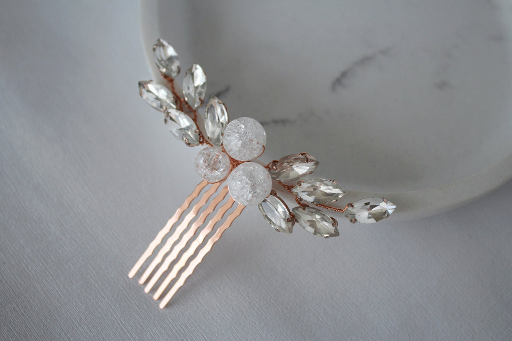 Rose Gold Bridal Hair Comb: Quartz Crystal Headpiece