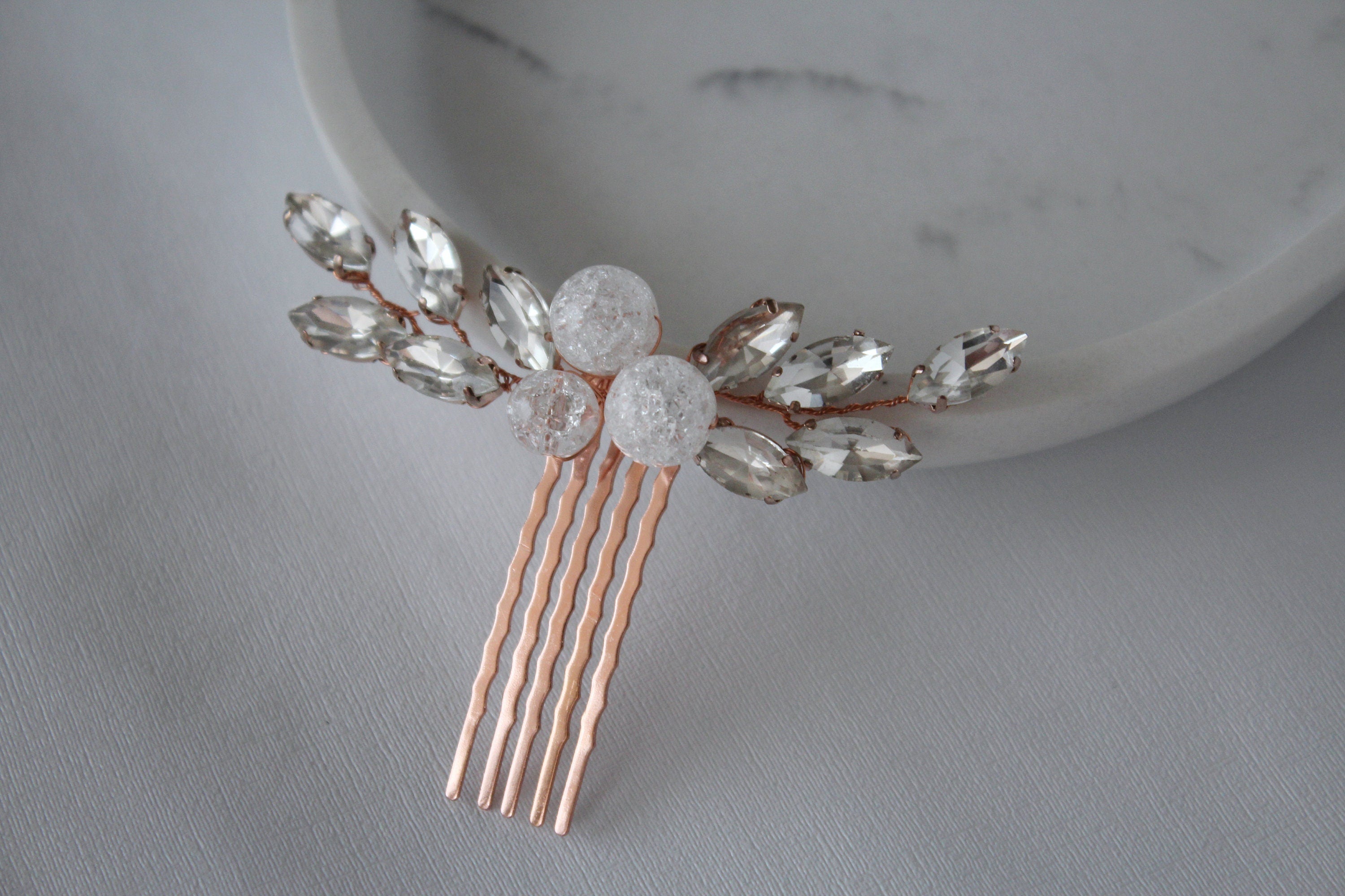 Rose Gold Bridal Hair Comb: Quartz Crystal Headpiece