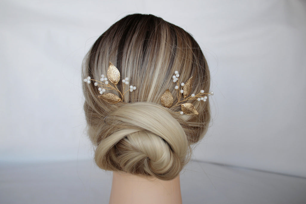 Gold Leaf Wedding Hair Pins: Crystal Bridal Hair Accessory Set