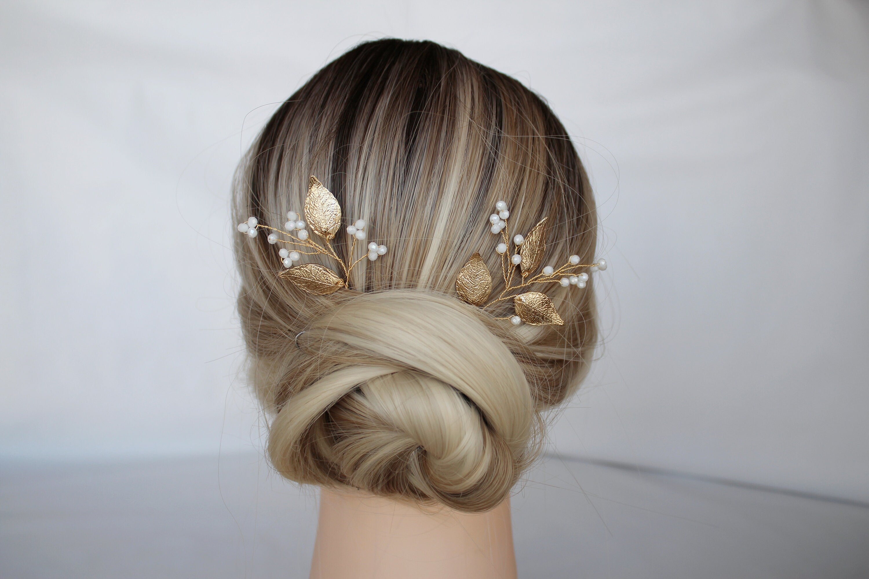 Gold Leaf Wedding Hair Pins: Crystal Bridal Hair Accessory Set