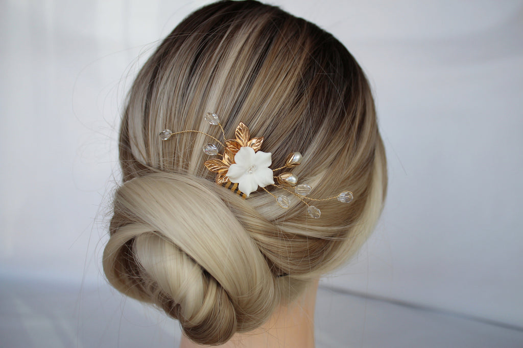 Gold Flower Wedding Hair Comb: Rhinestone Pearl Bridal Hairpiece