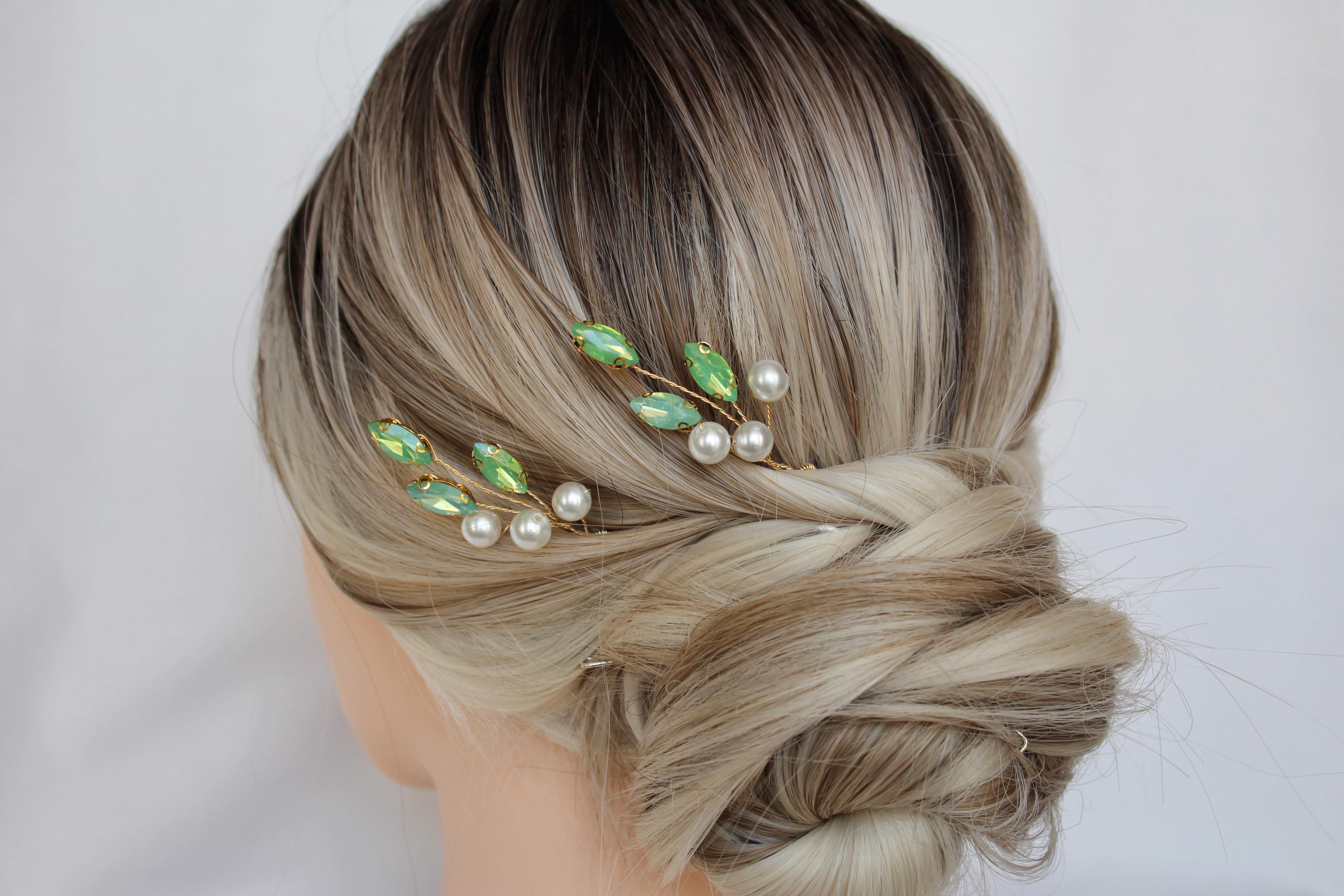 Green Opal Pearl Hair Pins: Bridal Wedding Hair Accessories