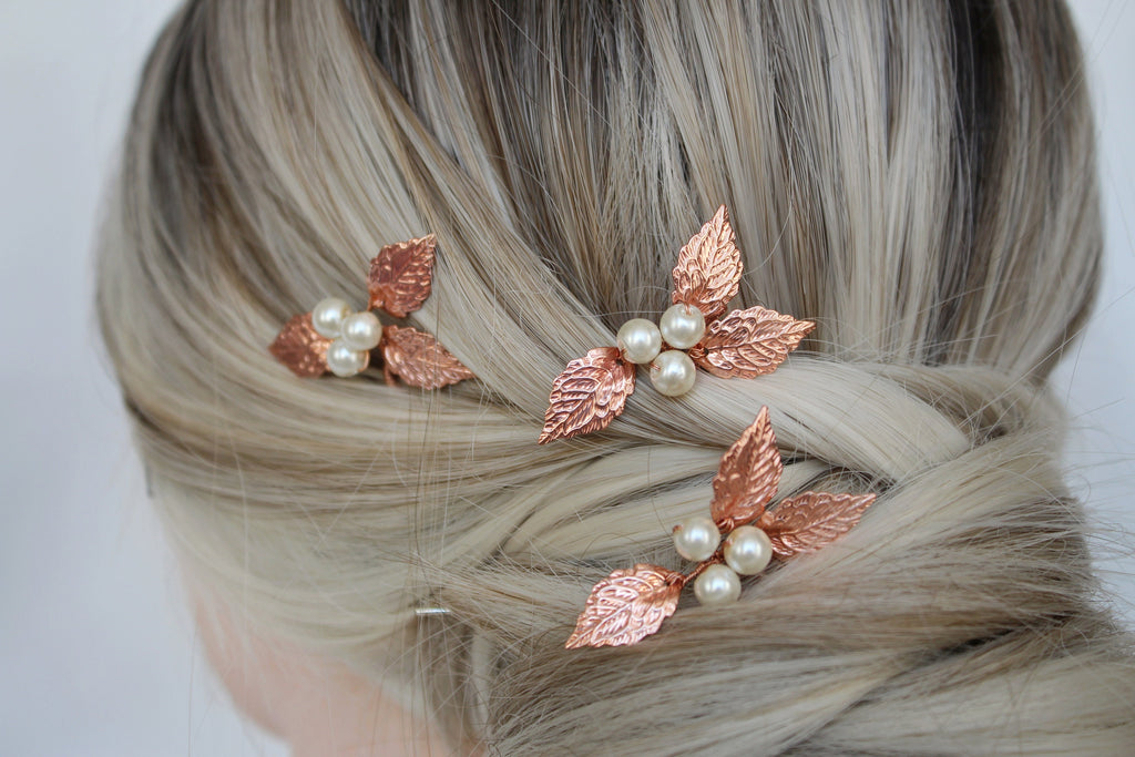 Rose Gold Pearl Wedding Hair Pins: Bridal Leaf Hair Piece