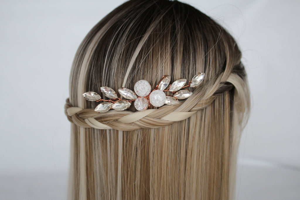 Rose Gold Bridal Hair Comb: Quartz Crystal Headpiece
