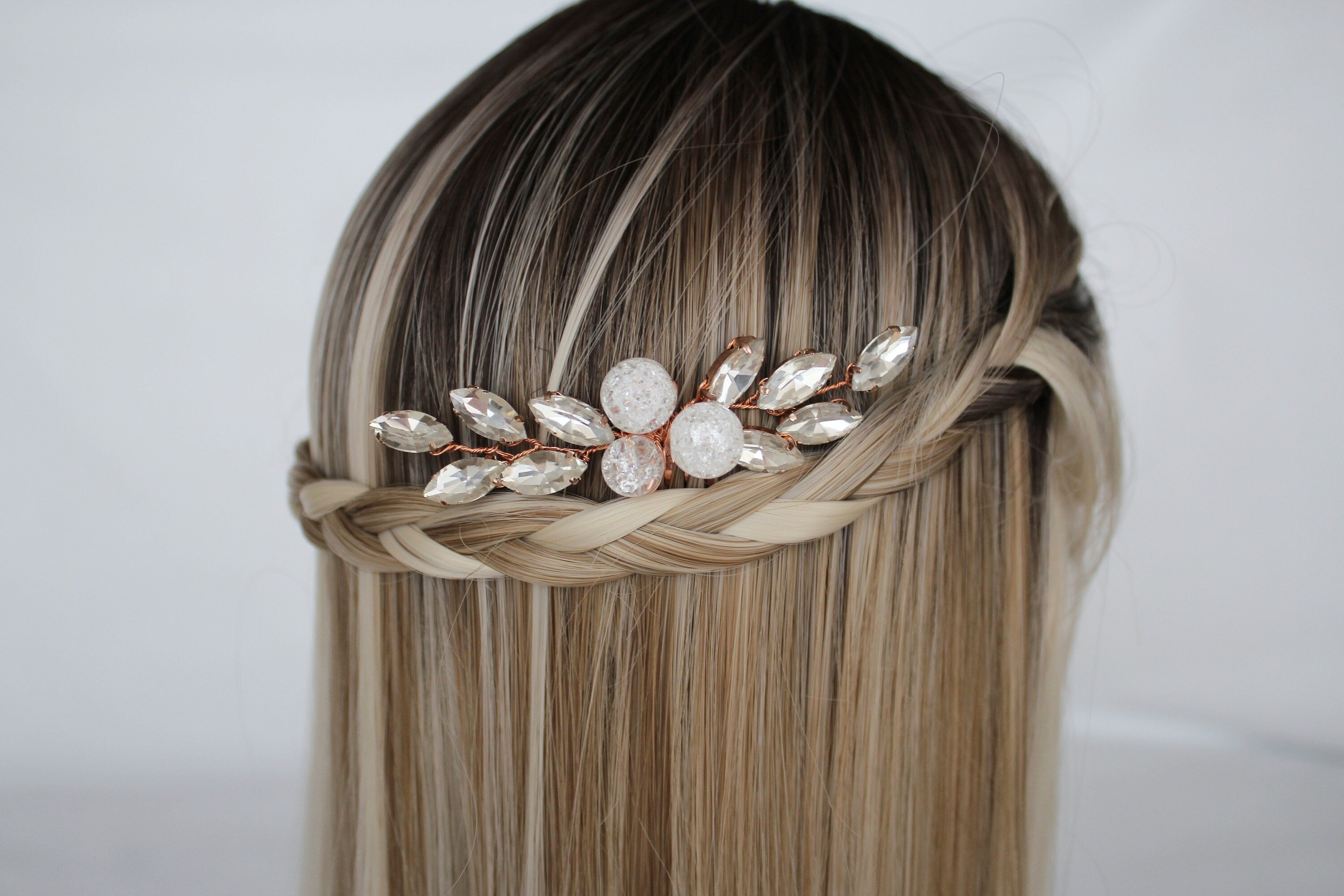 Rose Gold Bridal Hair Comb: Quartz Crystal Headpiece