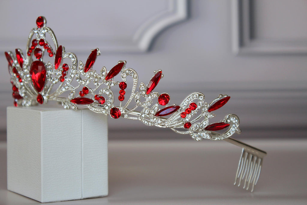 Red Silver tiara, Wedding crown, Ruby red princess tiara