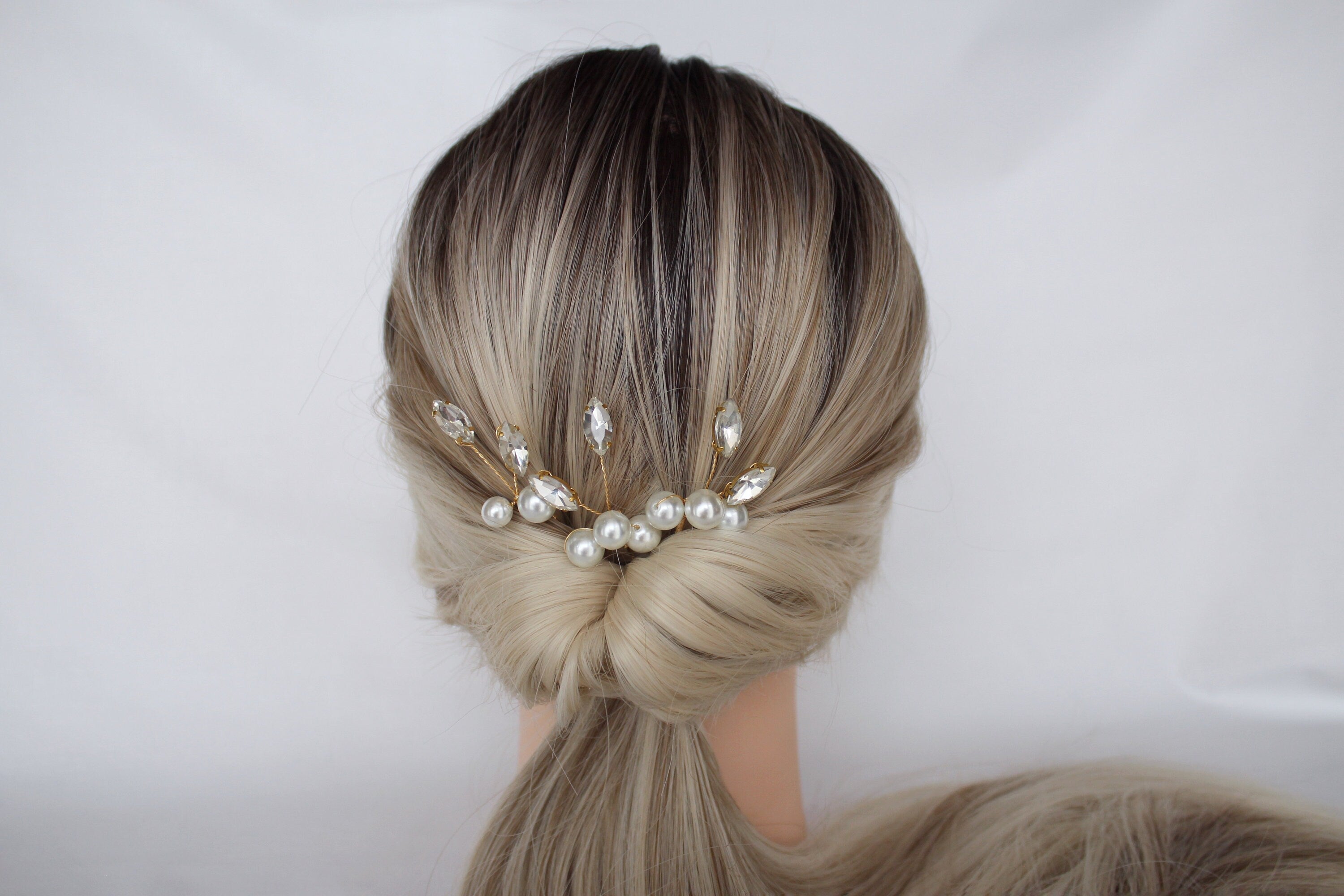 Pearl Crystal Wedding Hair Pins: Gold Bridal Hair Accessory, Set of 3