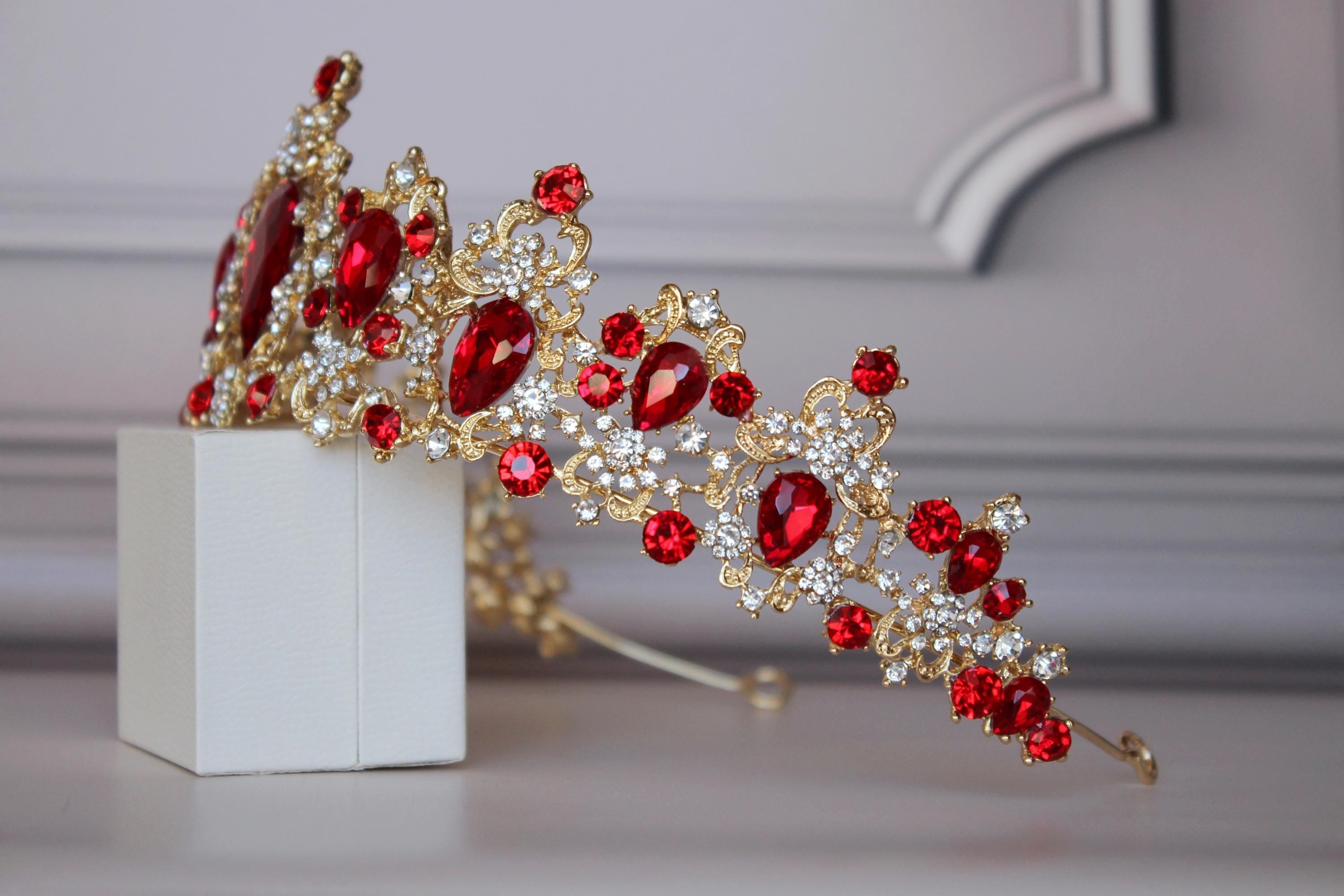 Red Ruby tiara with earrings, Prom tiara