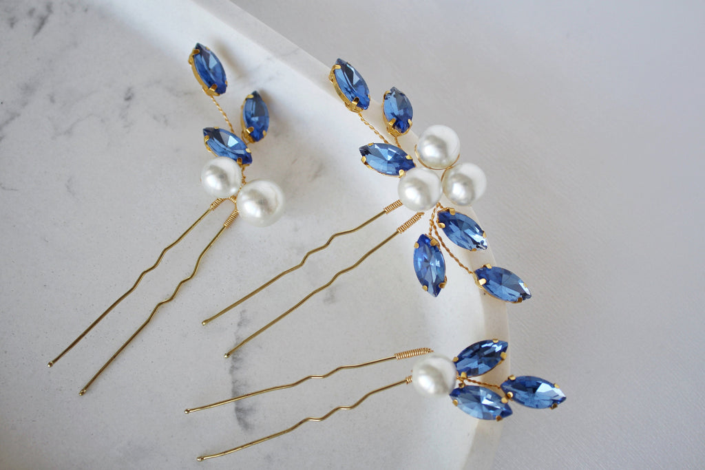 Sapphire Blue Pearl Hair Pins: Bridal Wedding Hair Piece