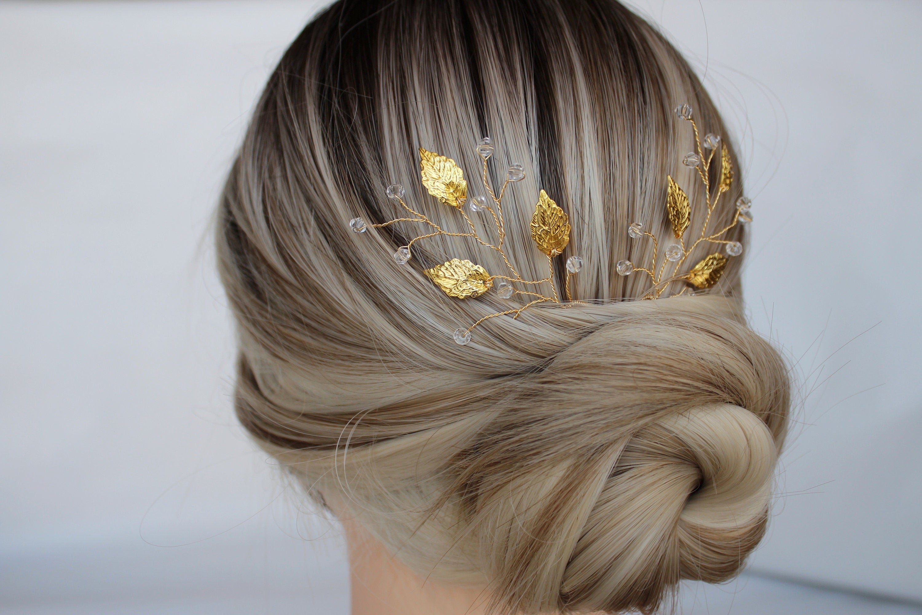 Gold Leaf Wedding Hair Pins: Crystal Bridal Hair Piece Set