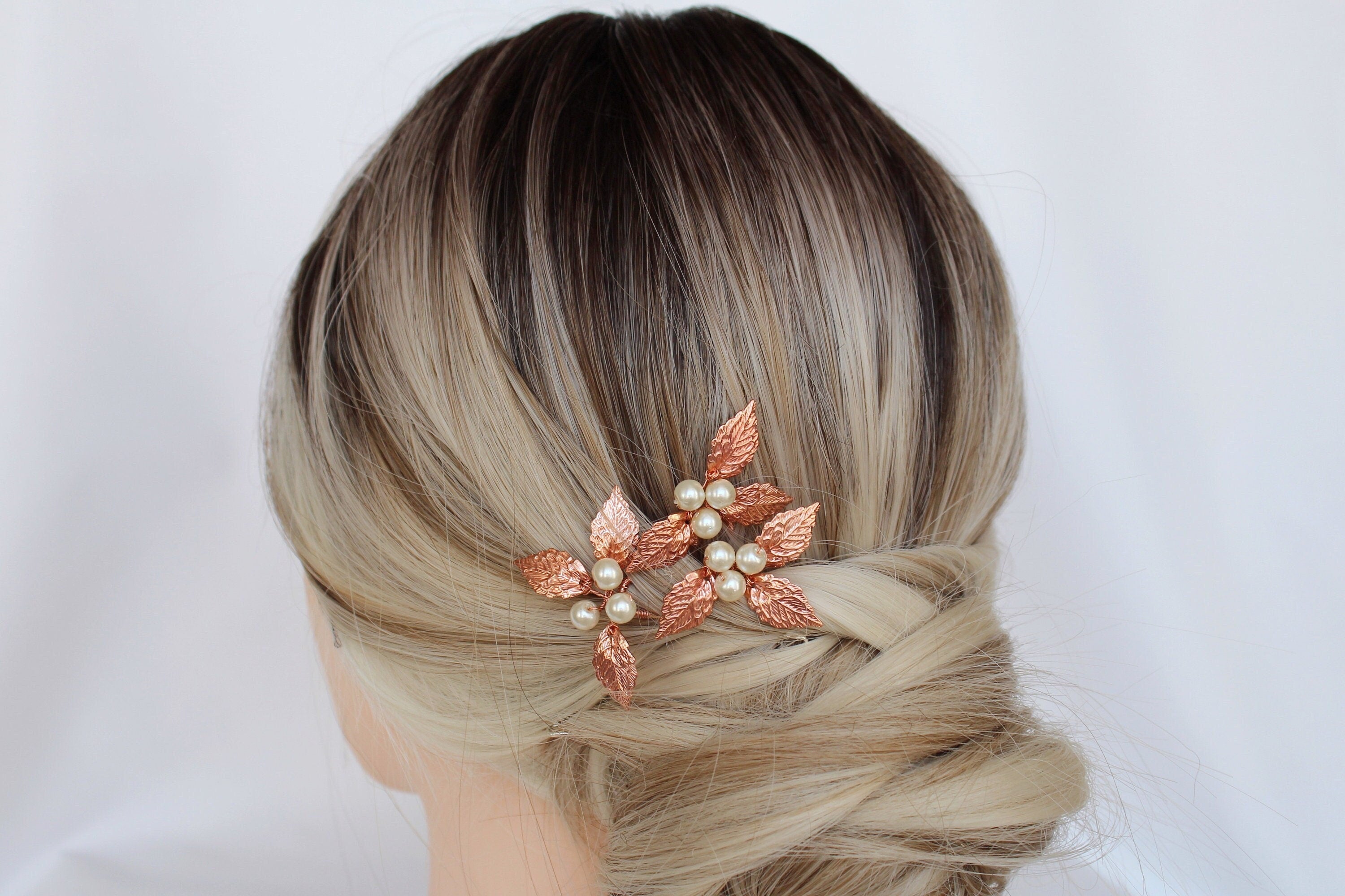 Rose Gold Pearl Wedding Hair Pins: Bridal Leaf Hair Piece