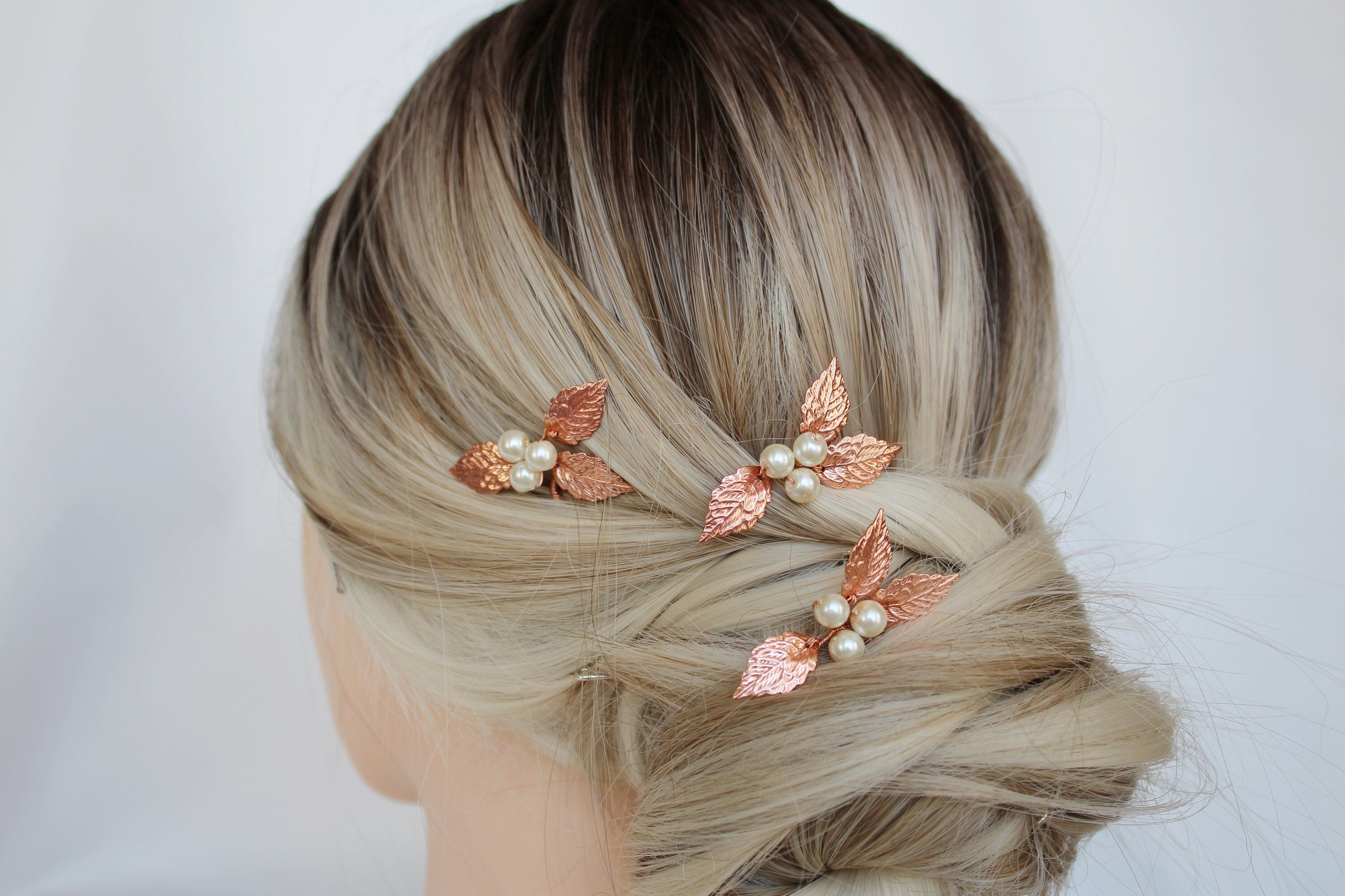 Rose Gold Pearl Wedding Hair Pins: Bridal Leaf Hair Piece