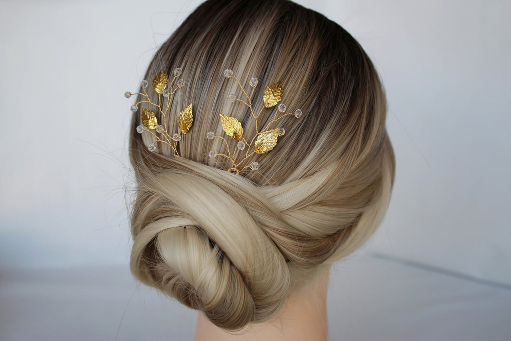 Gold Leaf Wedding Hair Pins: Crystal Bridal Hair Piece Set