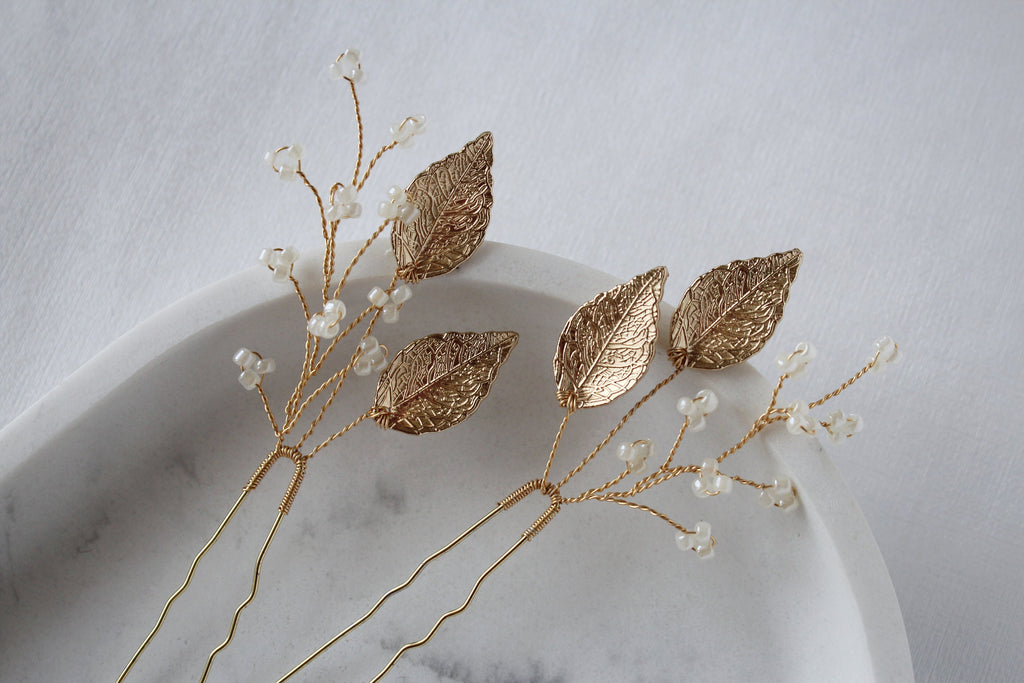 Gold Leaf Wedding Hair Pins: Pearl Bridal Hair Accessory