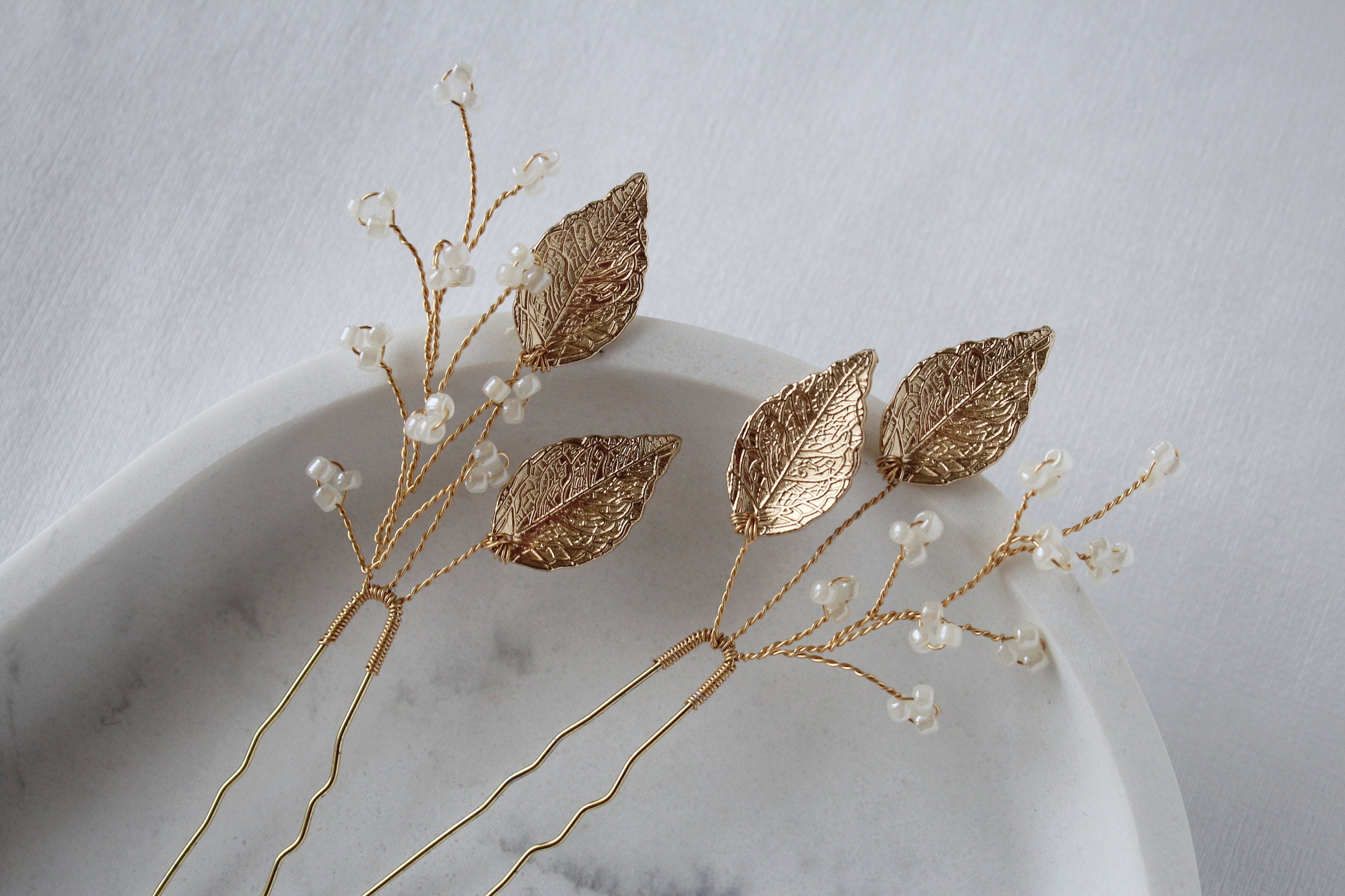 Gold Leaf Wedding Hair Pins: Pearl Bridal Hair Accessory