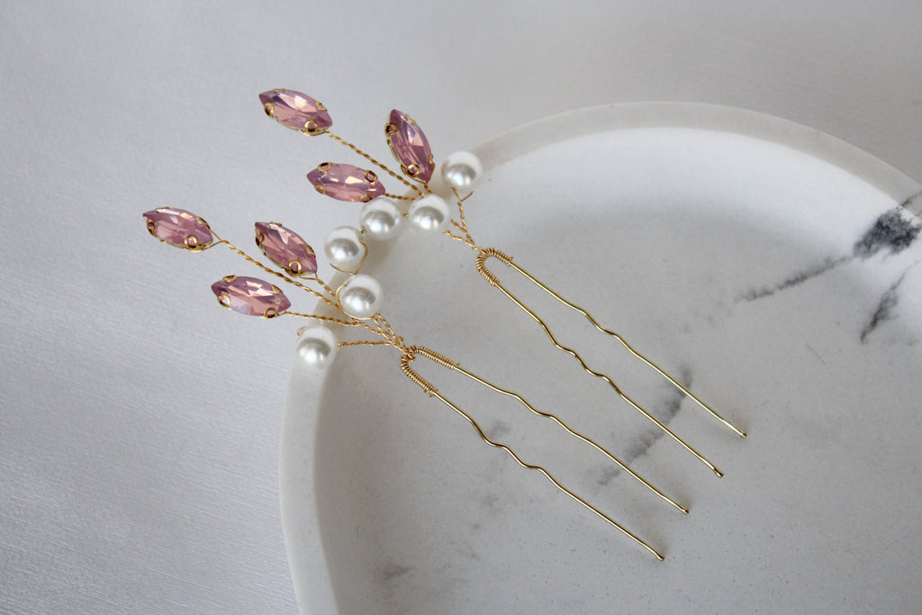 Pink Opal Crystal Hair Pins: Wedding Hair Piece
