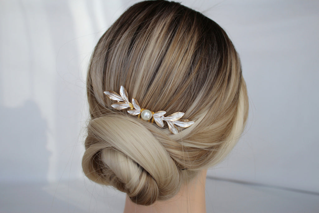 Pearl Leaf Wedding Hair Comb: Gold Bridal Hairpiece
