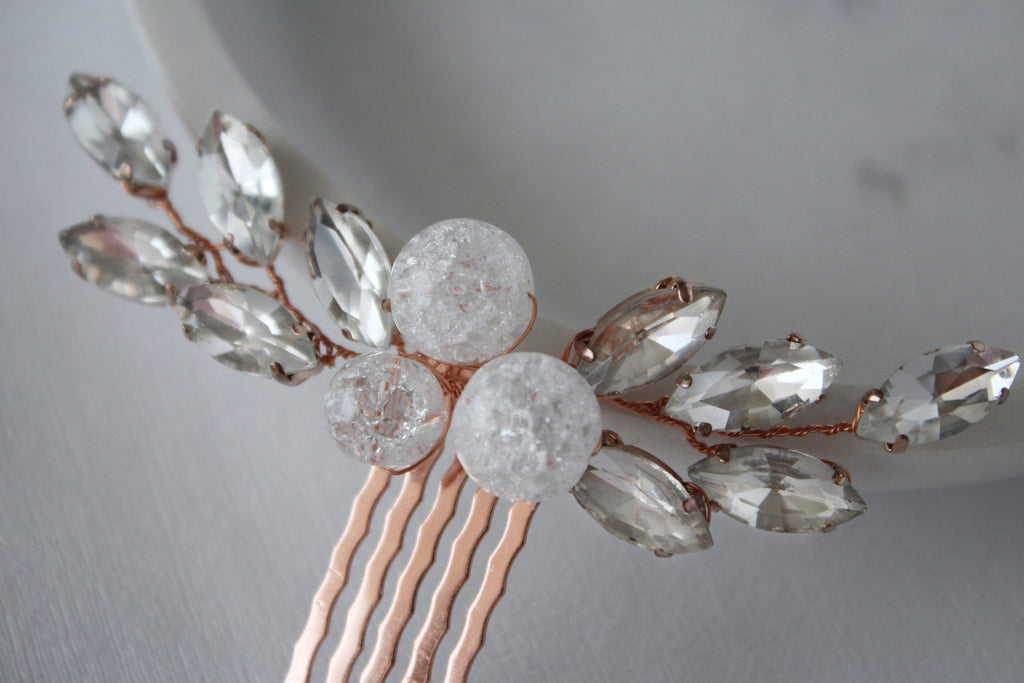 Rose Gold Bridal Hair Comb: Quartz Crystal Headpiece