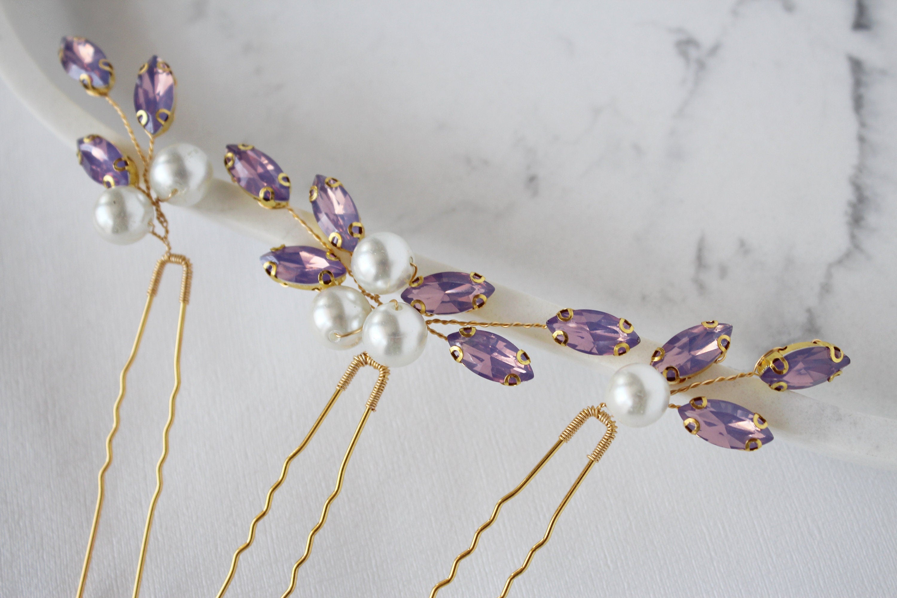 Purple Crystal Bridal Hair Pins: Lavender Wedding Hair Piece