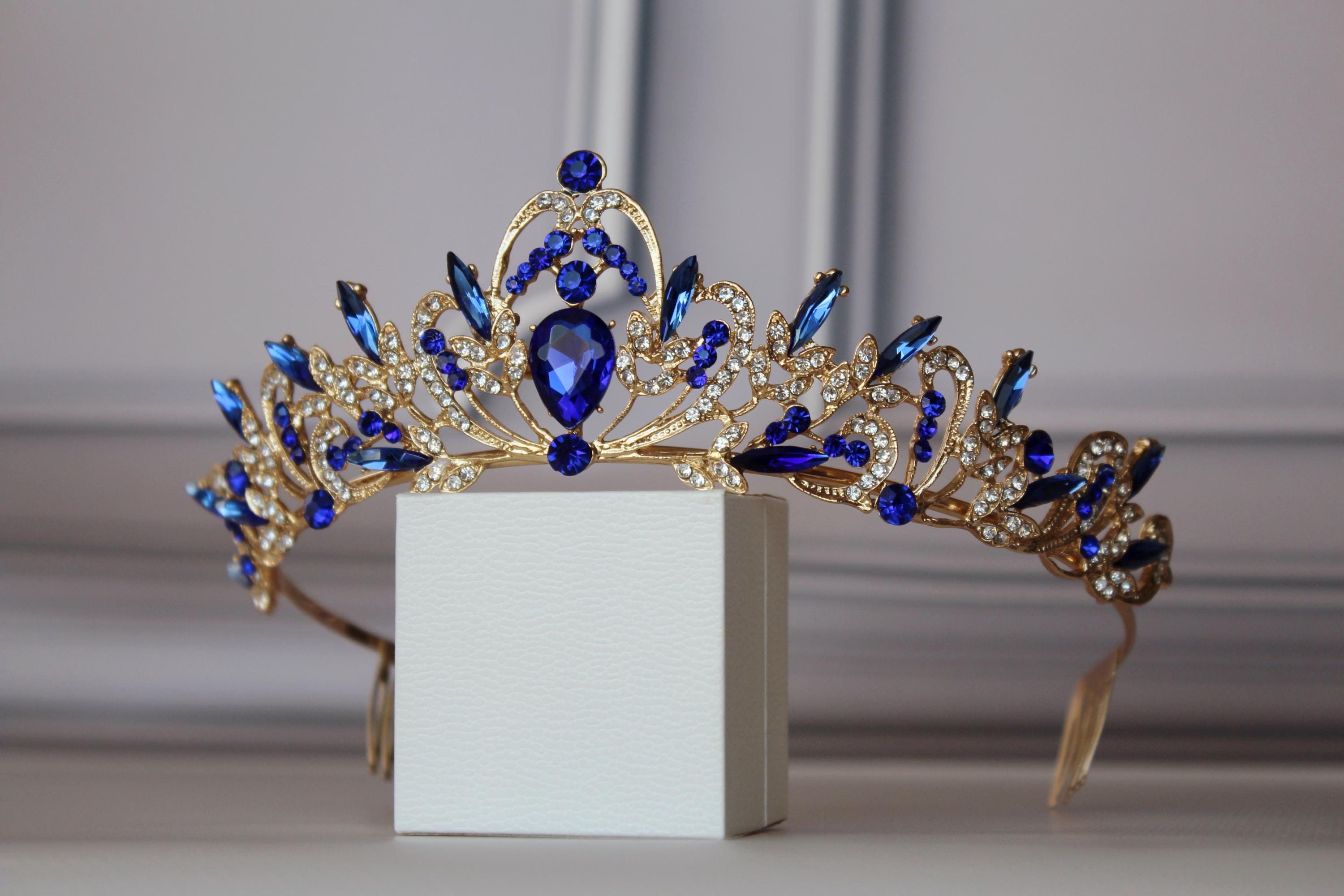Blue and Gold Sapphire Crown, Bridal Wedding Tiara, Prom & Quinceañera Tiara