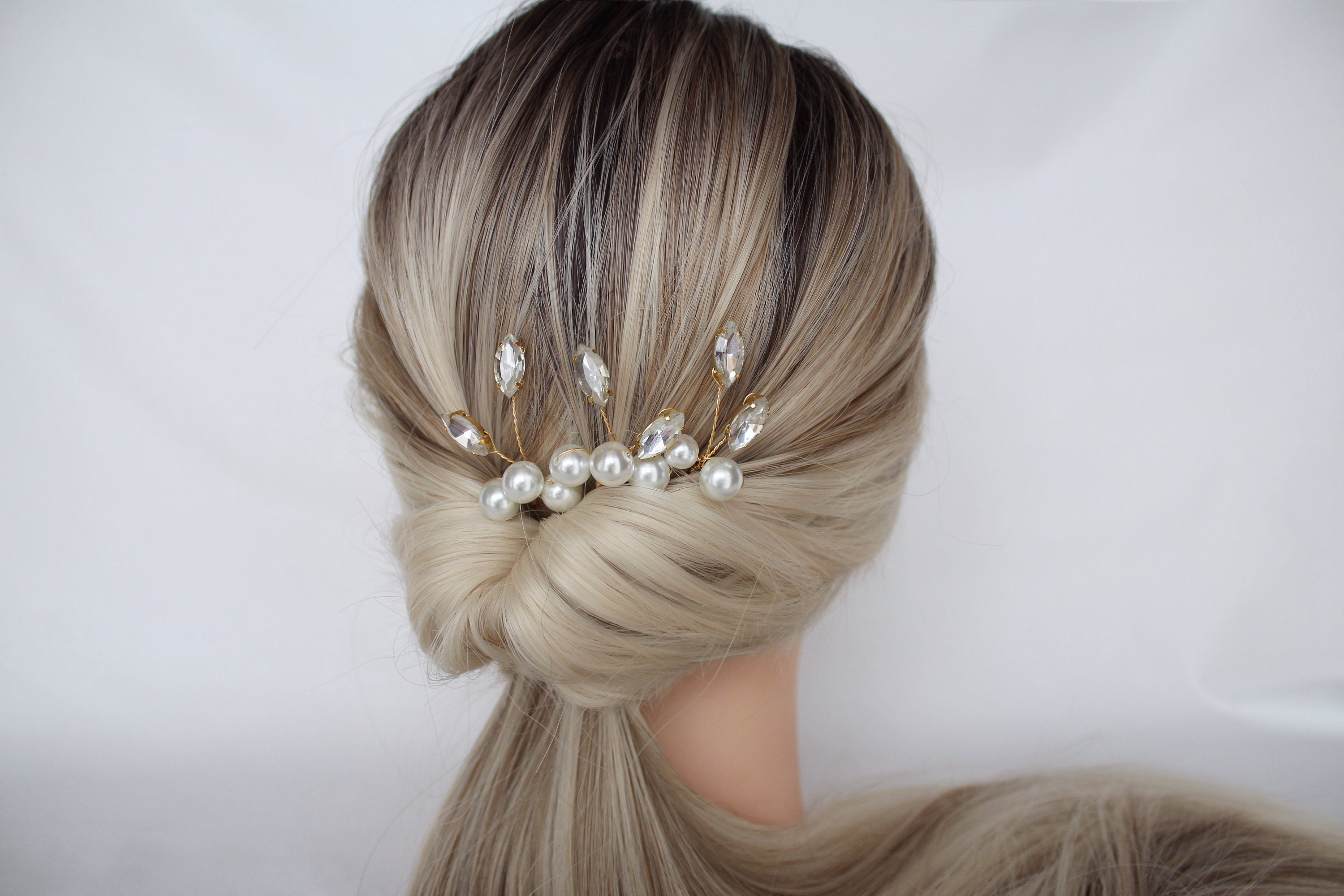 Pearl Crystal Wedding Hair Pins: Gold Bridal Hair Accessory, Set of 3