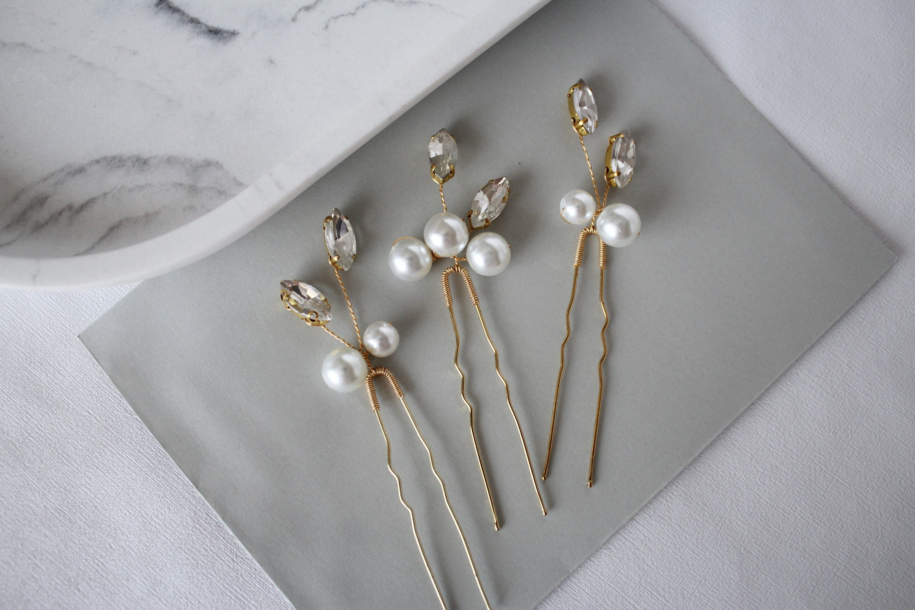 Pearl Crystal Wedding Hair Pins: Gold Bridal Hair Accessory, Set of 3