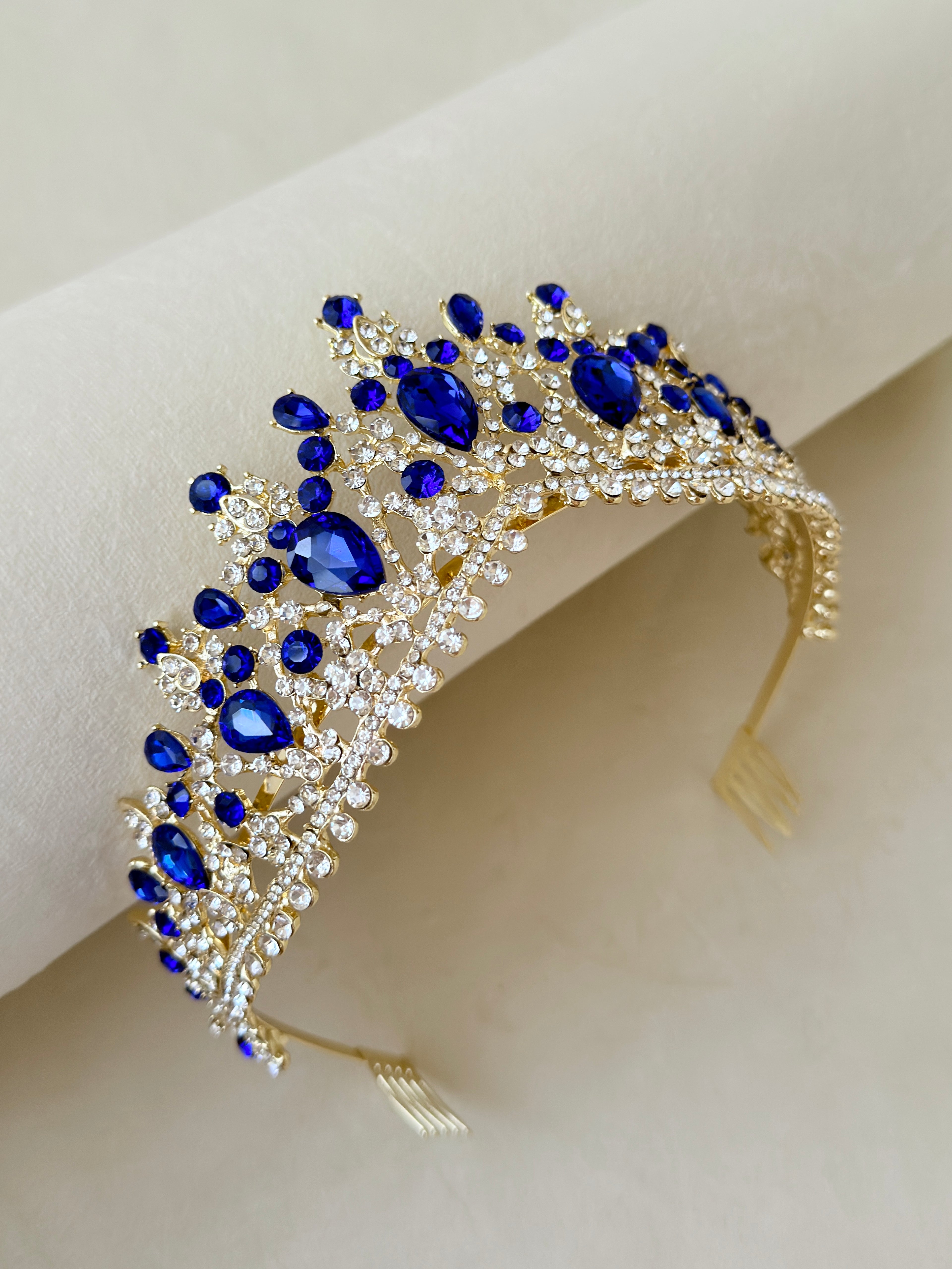 Sapphire Blue gold crown, Quinceanera tiara