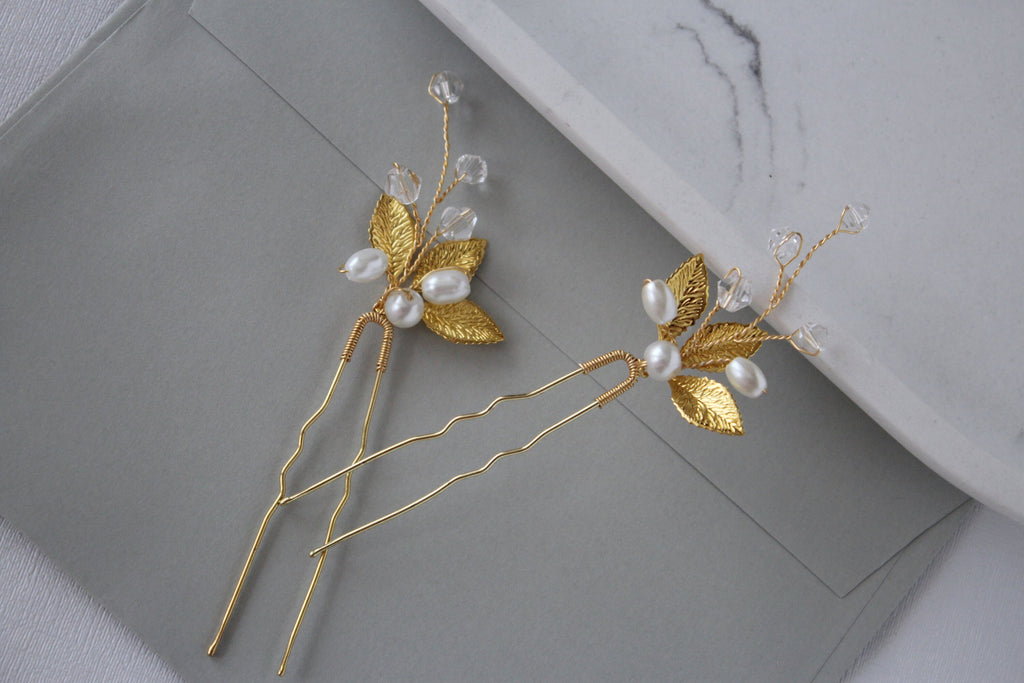 Gold Leaf Pearl Hair Pins: Bridal Rhinestone Hair Piece