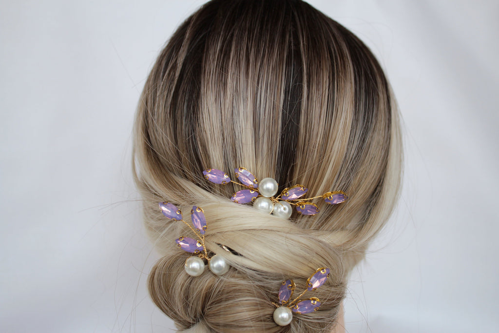 Purple Crystal Bridal Hair Pins: Lavender Wedding Hair Piece