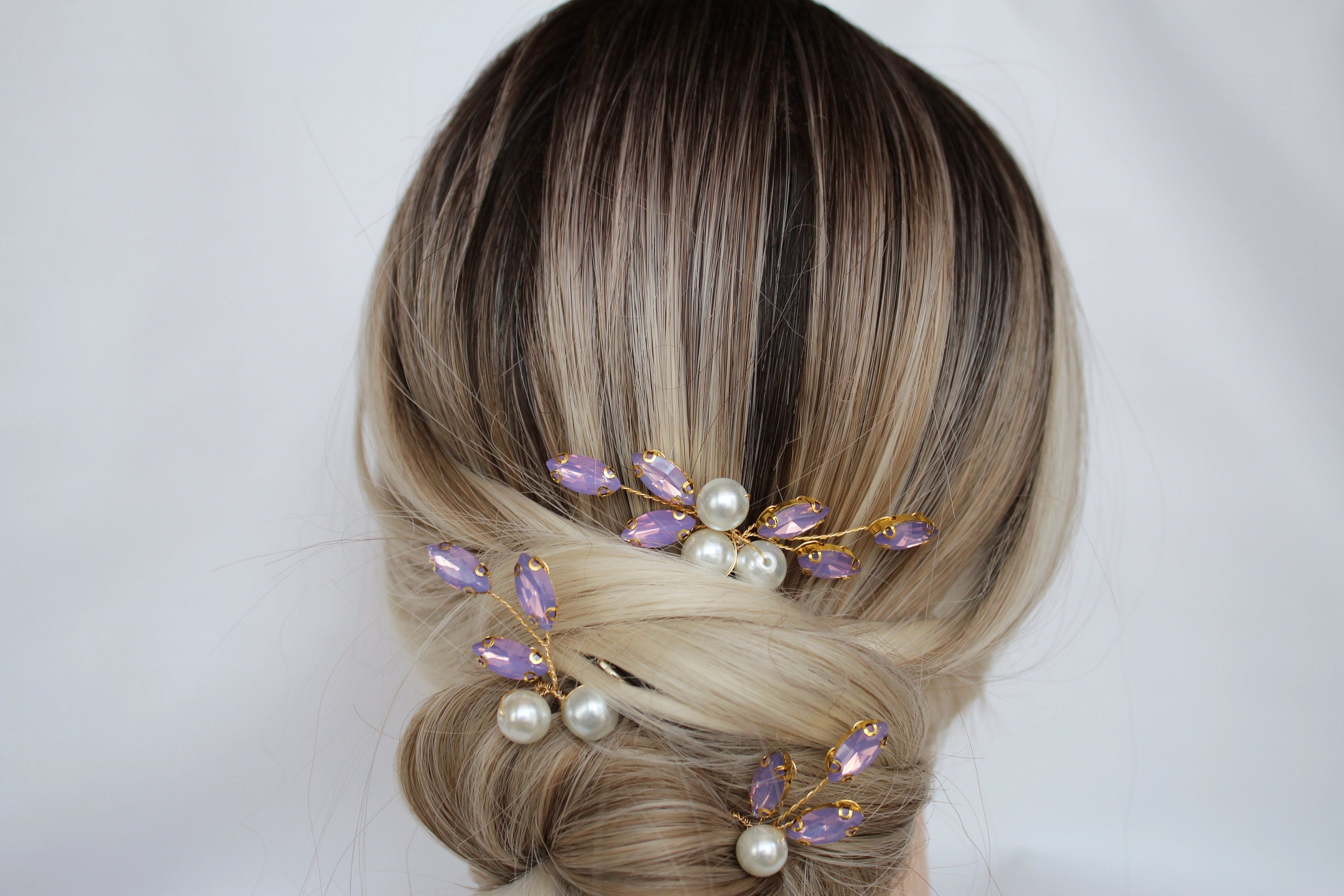 Purple Crystal Bridal Hair Pins: Lavender Wedding Hair Piece