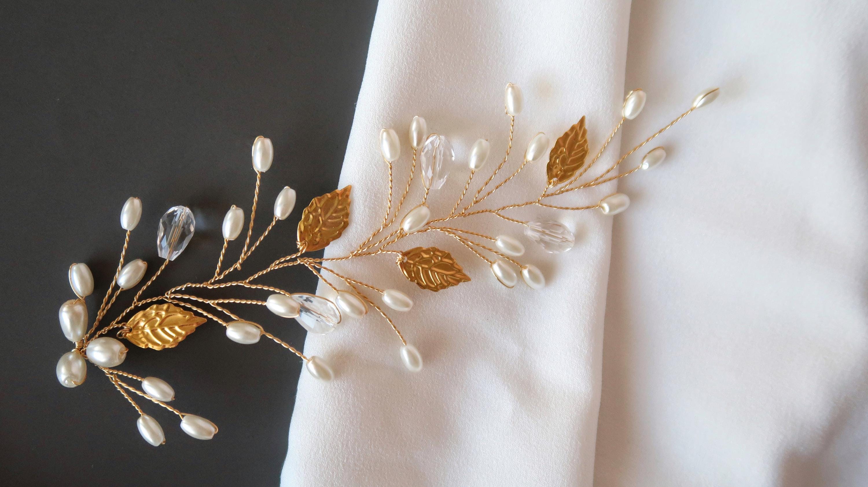 Silver Leaf Hair Vine, Pearl Wedding Hairpiece, Gold Bridal Headband, Rose Gold Hair Piece, Wedding Hair Accessory, Rhinestone Hair vine