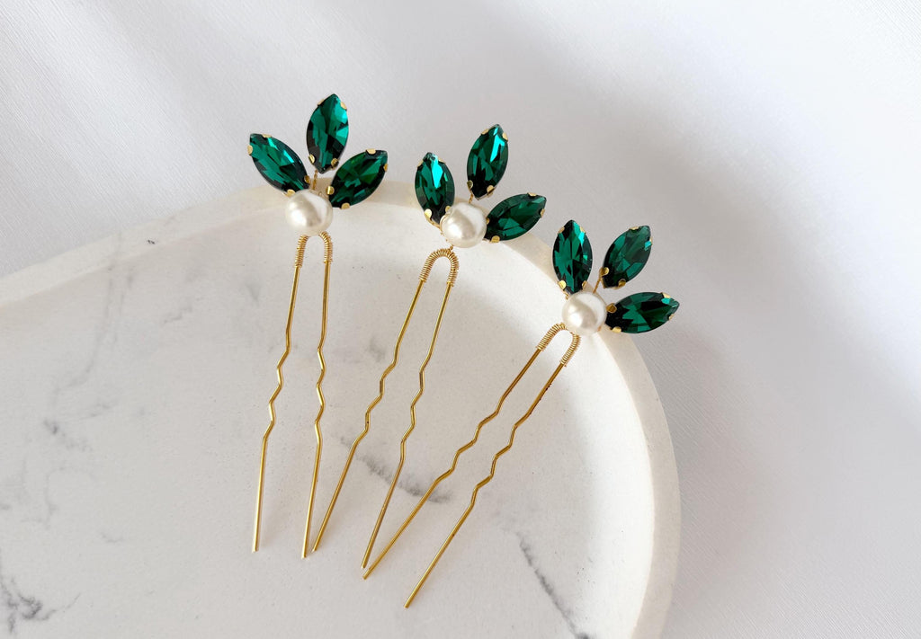 Emerald Green Pearl Hair Pins, Set of 3 Elegant Wedding Hair Accessories
