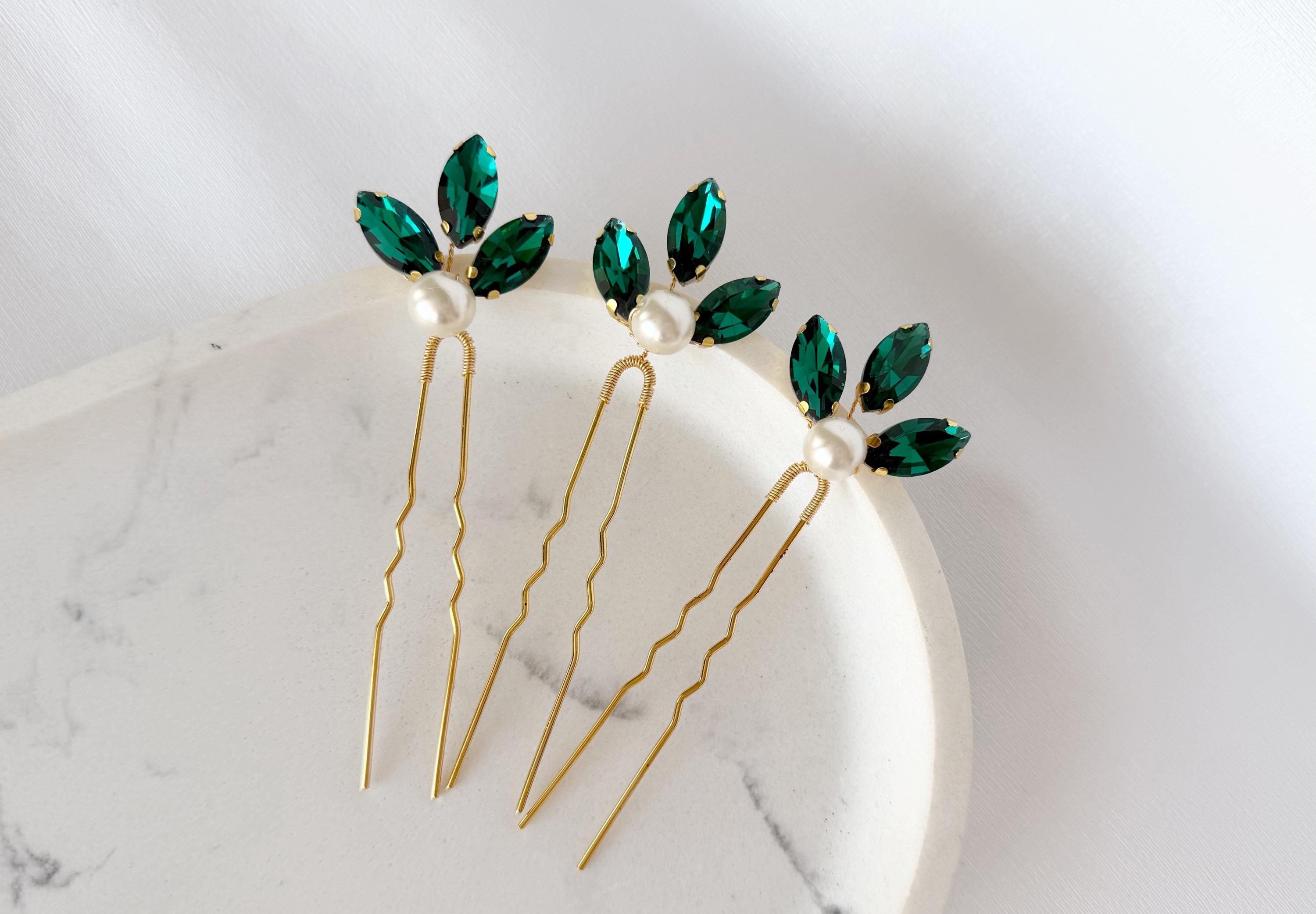 Emerald Green Pearl Hair Pins, Set of 3 Elegant Wedding Hair Accessories