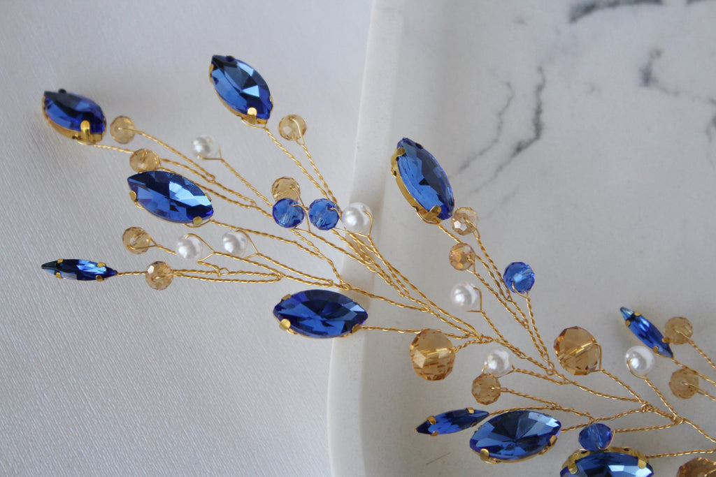 Sapphire Blue Wedding Hair Vine: Gold Bridal Hair Piece