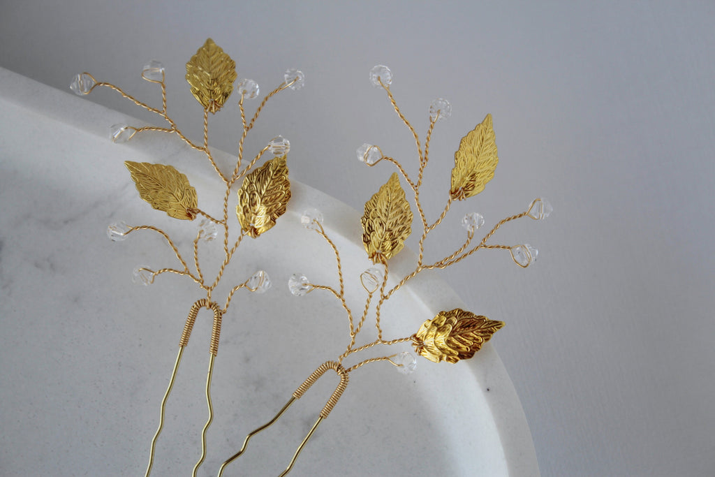 Gold Leaf Wedding Hair Pins: Crystal Bridal Hair Piece Set