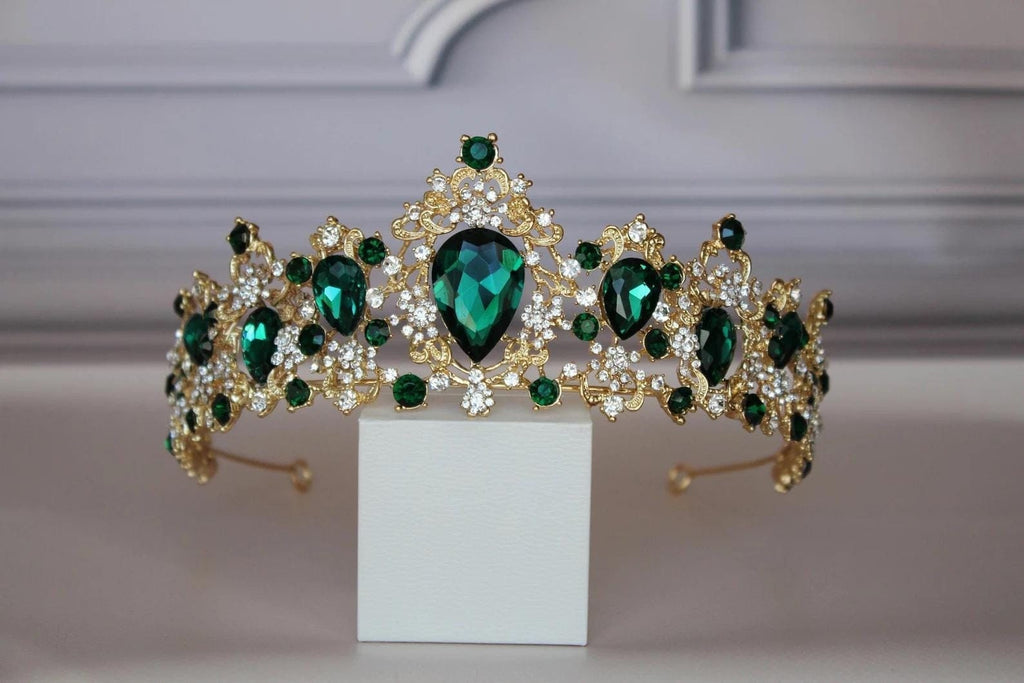 Gold Green Rhinestone Tiara Crown