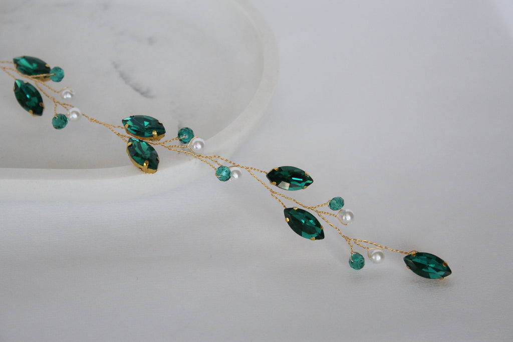 Emerald Hair Vine: Green Pearl Bridal Headpiece