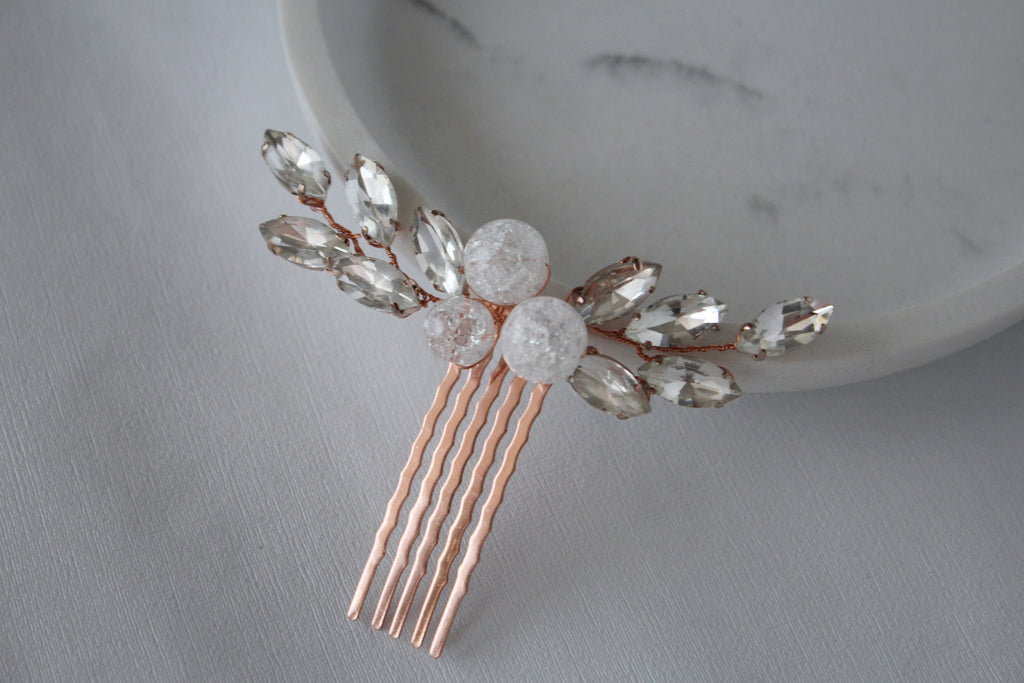 Rose Gold Bridal Hair Comb: Quartz Crystal Headpiece