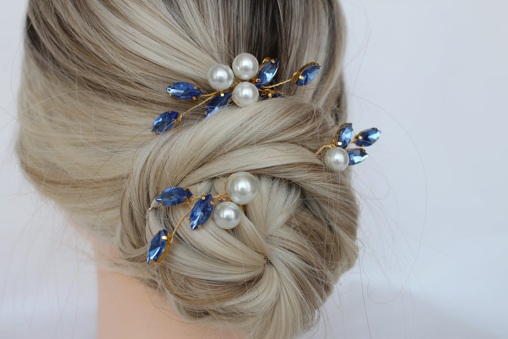 Sapphire Blue Pearl Hair Pins: Bridal Wedding Hair Piece