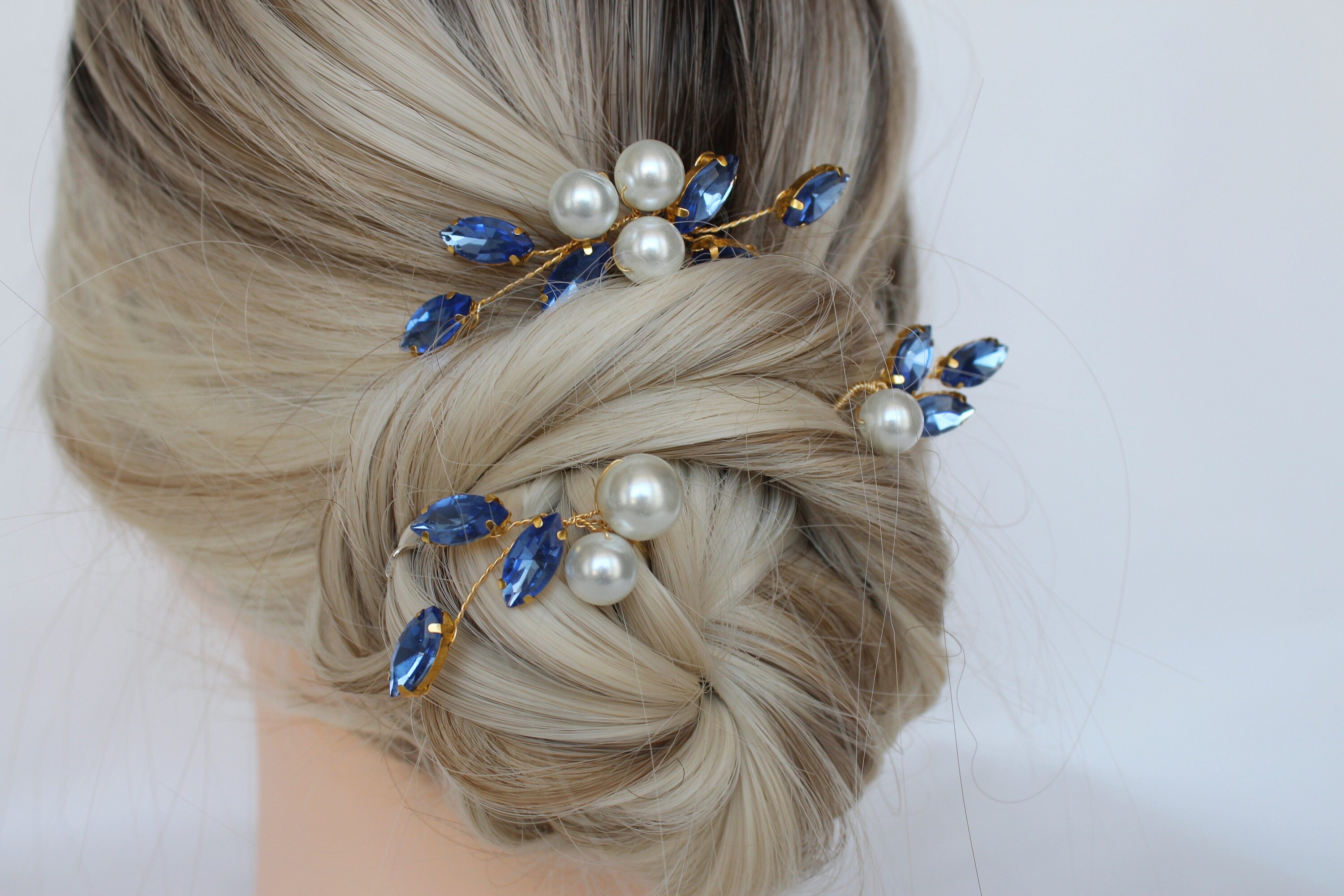 Sapphire Blue Pearl Hair Pins: Bridal Wedding Hair Piece