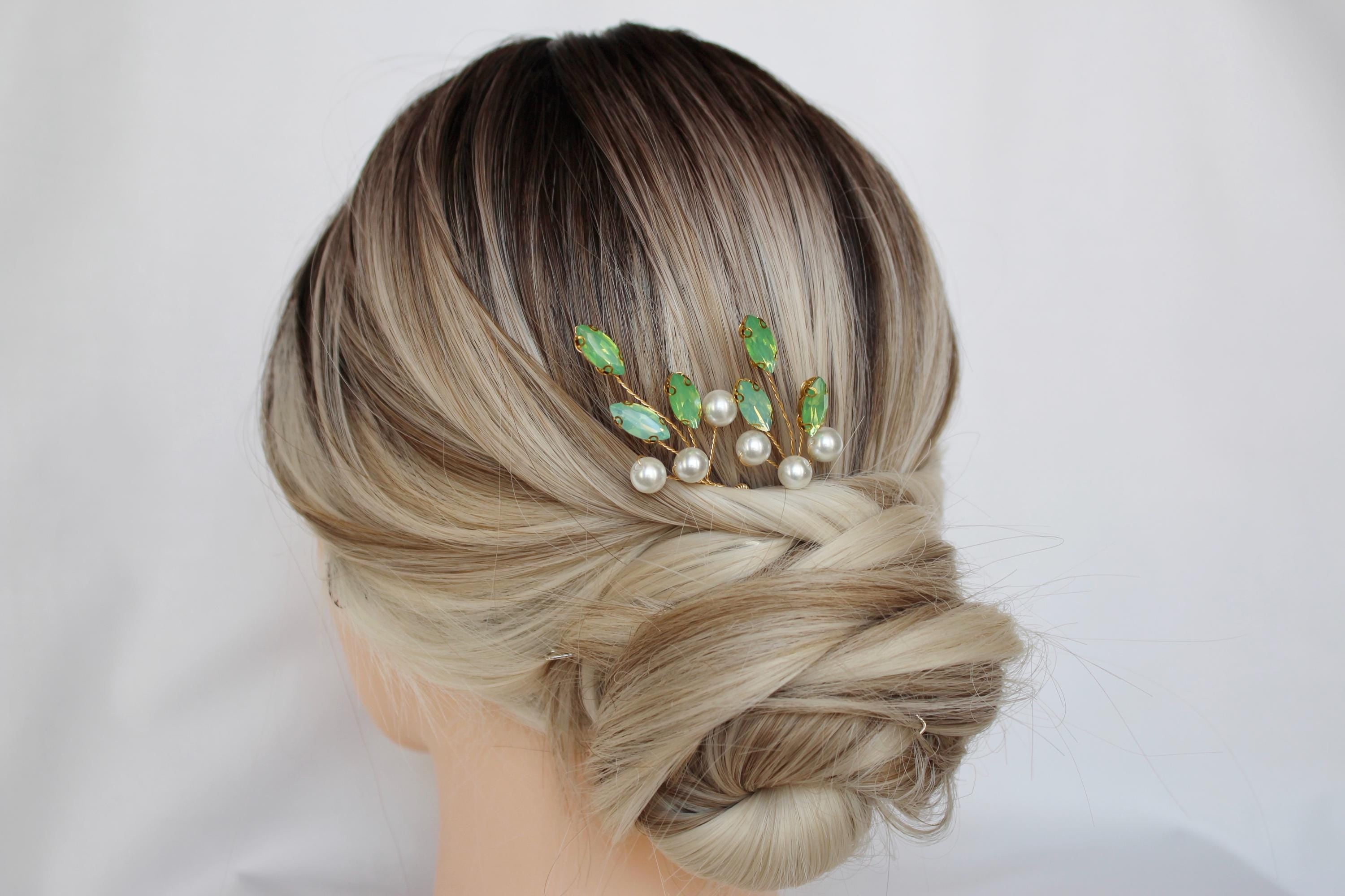 Green Opal Pearl Hair Pins: Bridal Wedding Hair Accessories