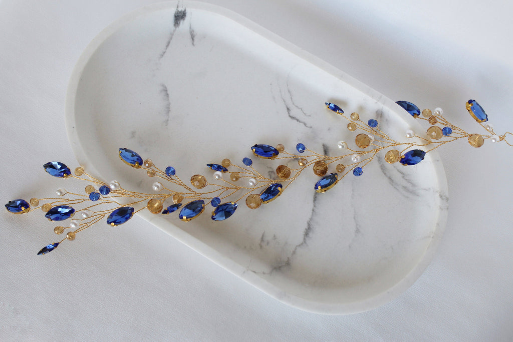 Sapphire Blue Wedding Hair Vine: Gold Bridal Hair Piece