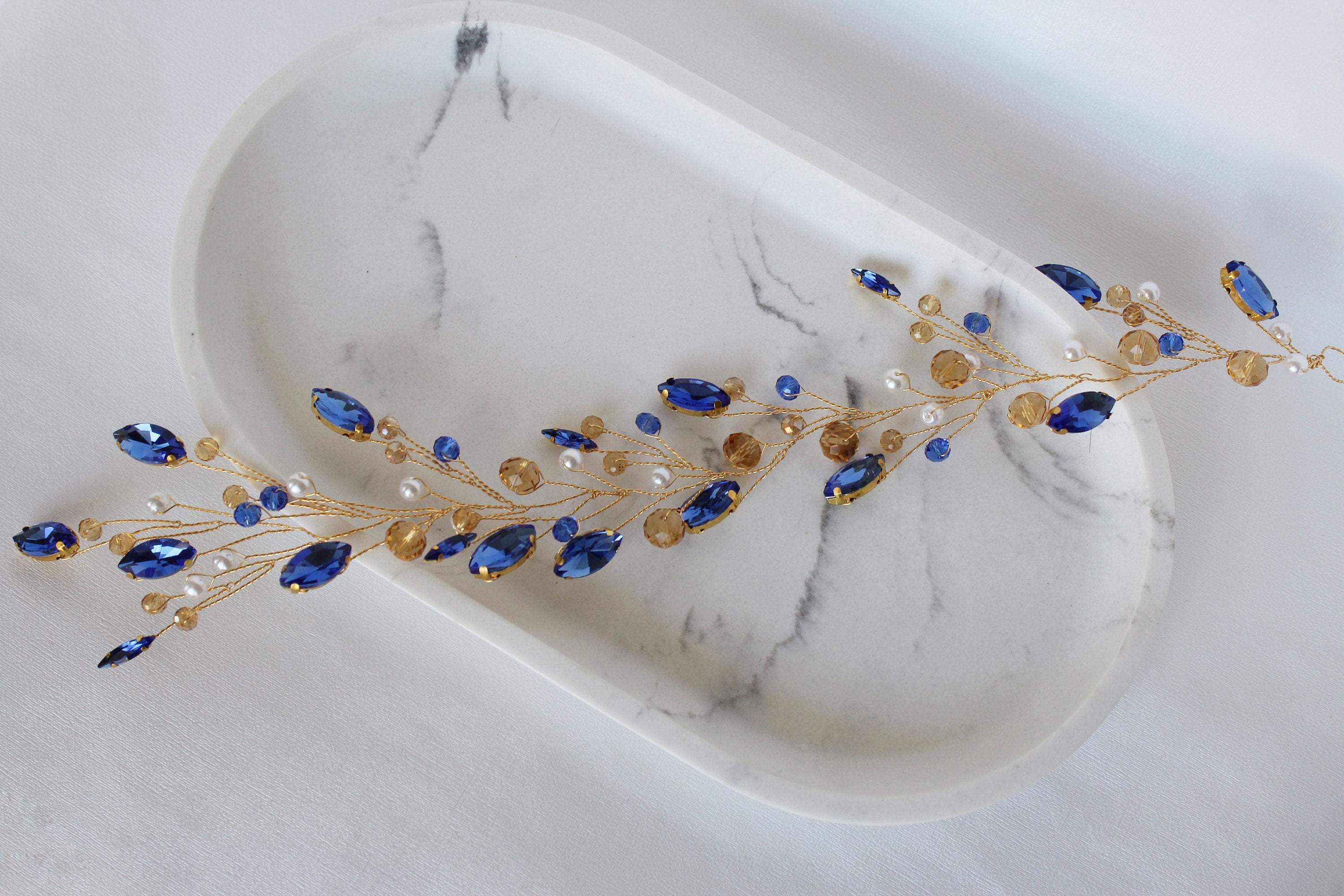 Sapphire Blue Wedding Hair Vine: Gold Bridal Hair Piece