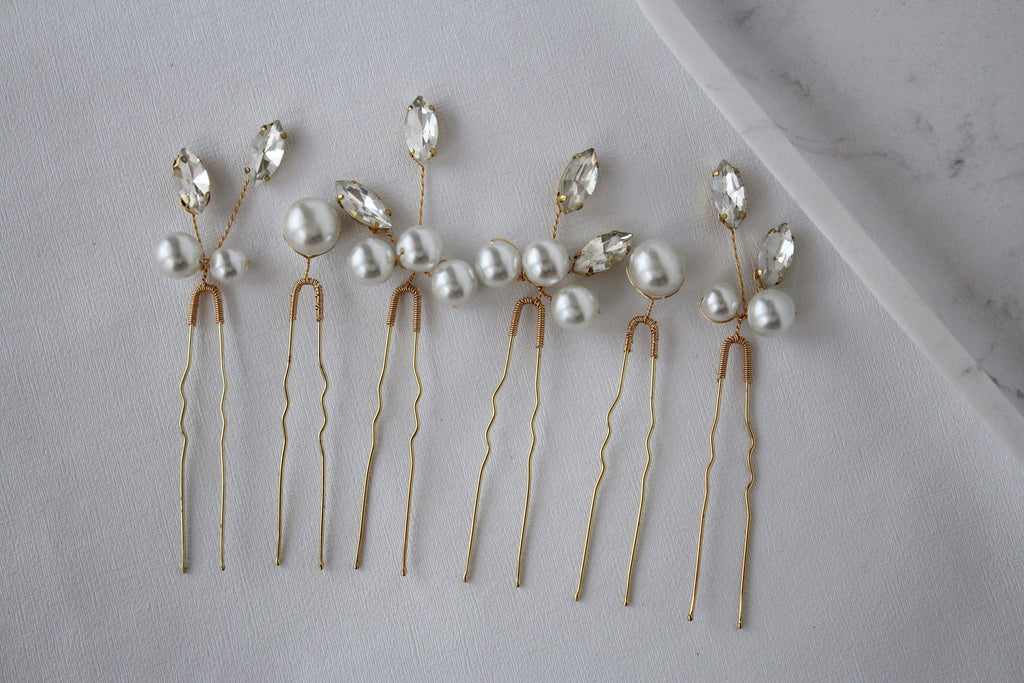 Pearl Wedding Hair Pins: Gold Bridal Crystal Hair Piece Set