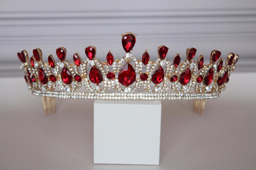 Red tiara-headpiece, Gold Quinceañera crown